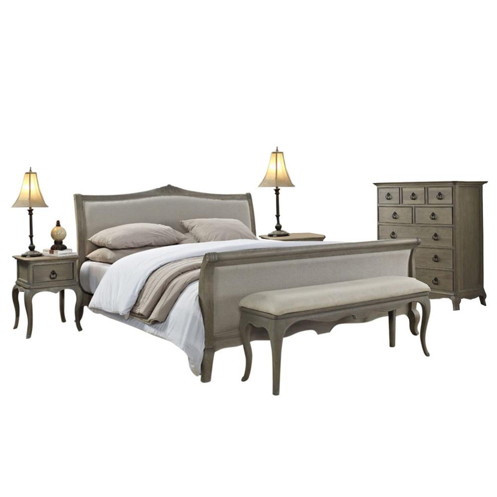 Grey Moden Sleigh Queen Bedroom Set All Solid Mahogany Wood Includes Bed 2 Side End Tables Bench And Dressor