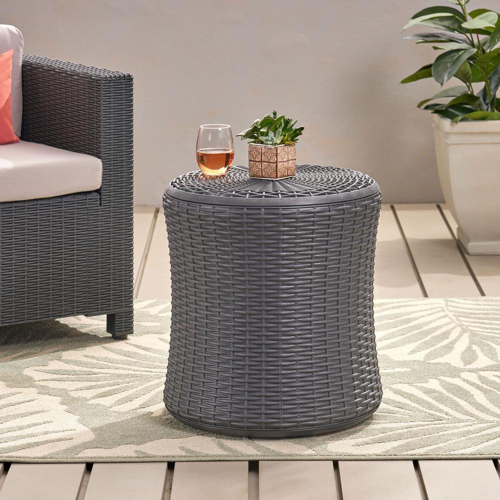 Noble House Mikael Dark Grey Round Faux Wicker 21 in. Outdoor Side Table-83016 - The Home Depot