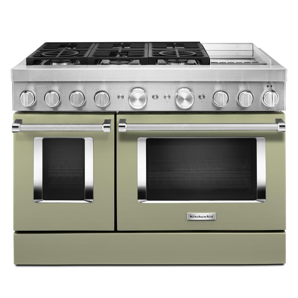 KitchenAid 48 in. 6.3 cu. ft. Smart Double Oven Dual Fuel Range with True Convection in Avocado Cream with Griddle For Sale