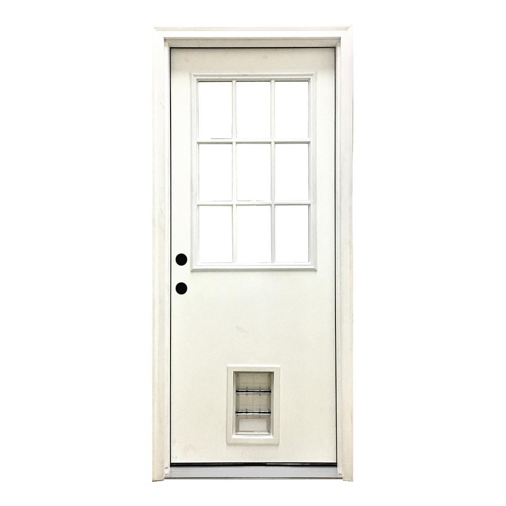 Steves Sons 36 In X 80 In Classic 9 Lite Rhis White Primed Textured Fiberglass Prehung Front Door With Med Pet Door