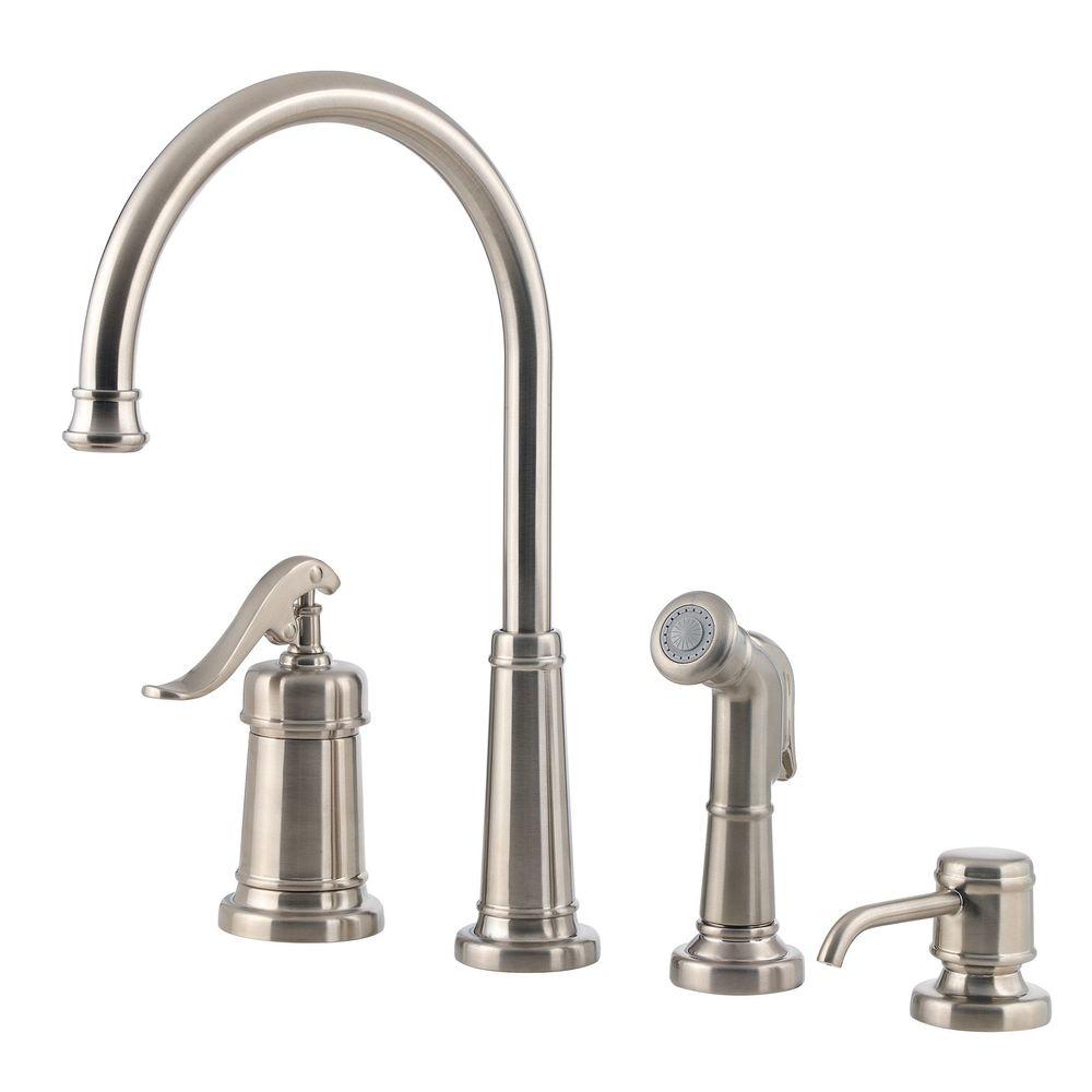 Pfister Ashfield Single Handle Standard Kitchen Faucet With Side Sprayer And Soap Dispenser In Brushed Nickel Lg26 4ypk The Home Depot