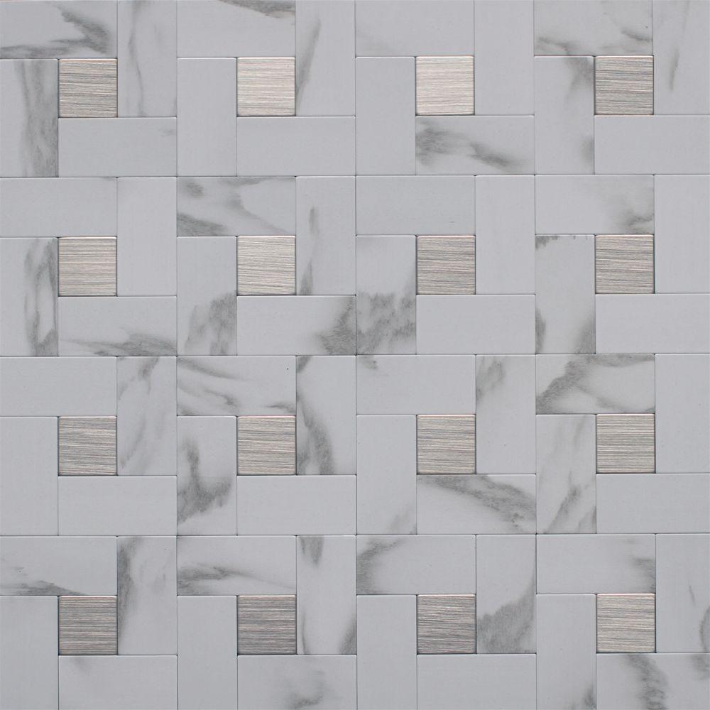 Instant Mosaic 12 In X 12 In Peel And Stick Faux White Marble And Brushed Stainless Metal Wall Tile