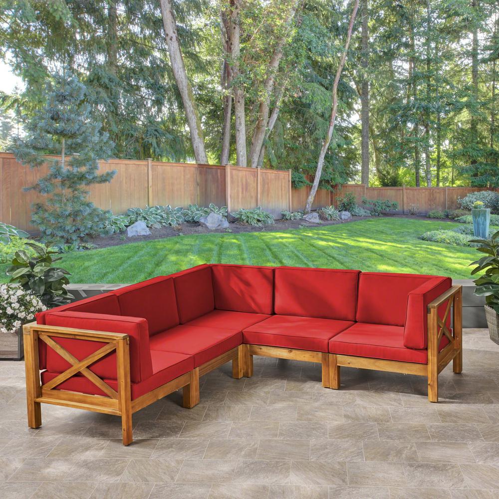 Noble House Brava Teak Brown 5 Piece Acacia Wood Patio Conversation Sectional Seating Set With Red Cushions 54520 The Home Depot