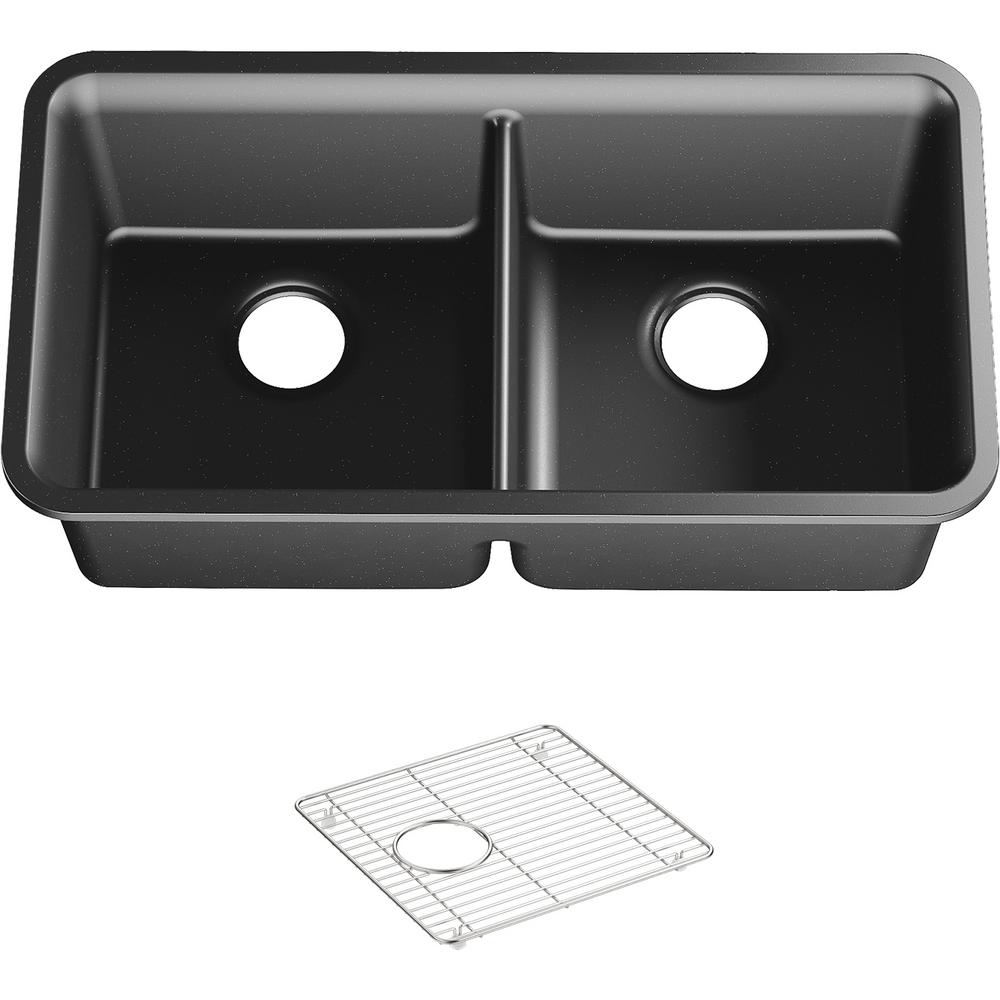 Kohler Cairn 33 5 In Undermount Neoroc Granite Composite Double Equal Kitchen Sink With Sink Rack In Matte Graphite