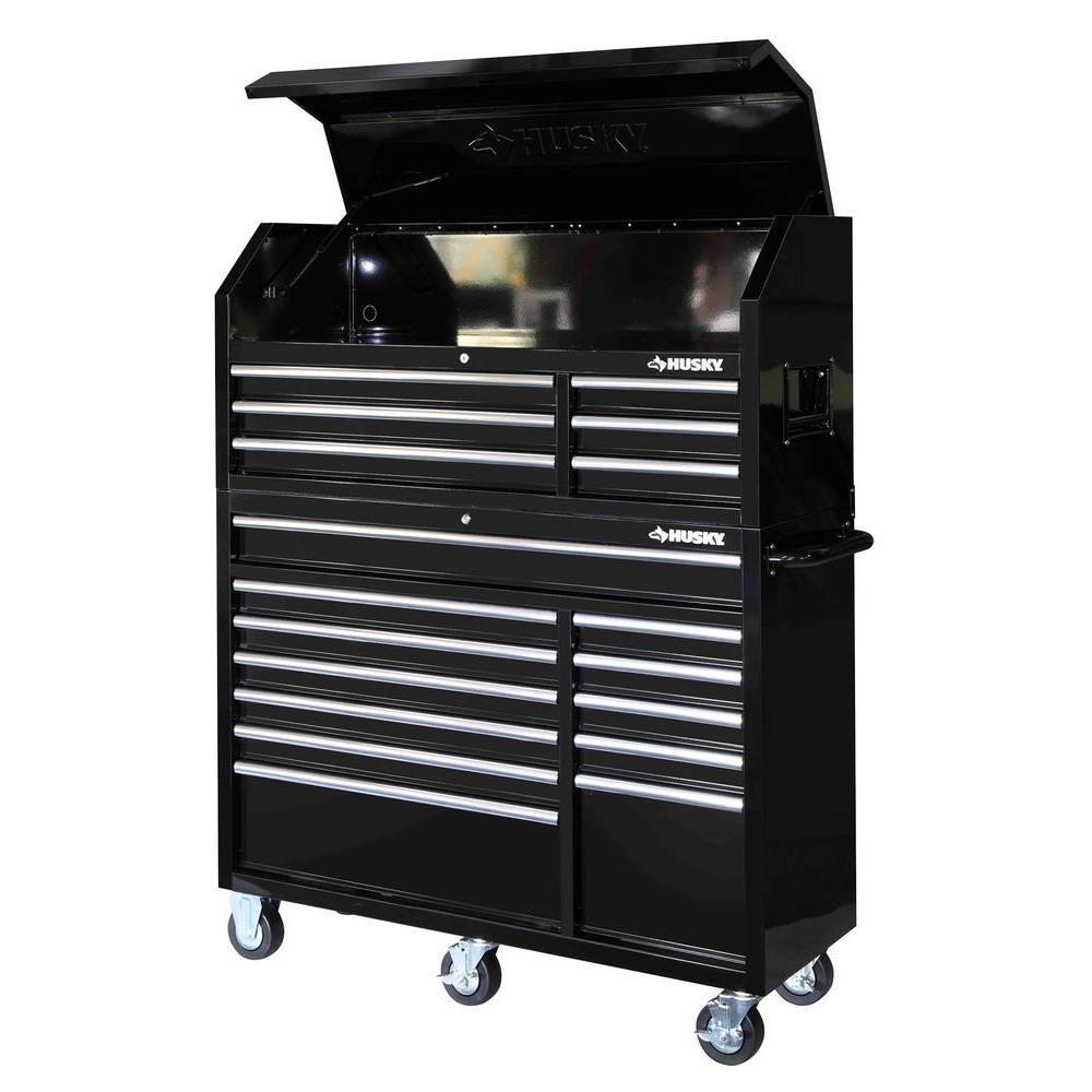 Husky 52 in. 18-Drawer Tool Chest and Rolling Tool Cabinet Set, Black
