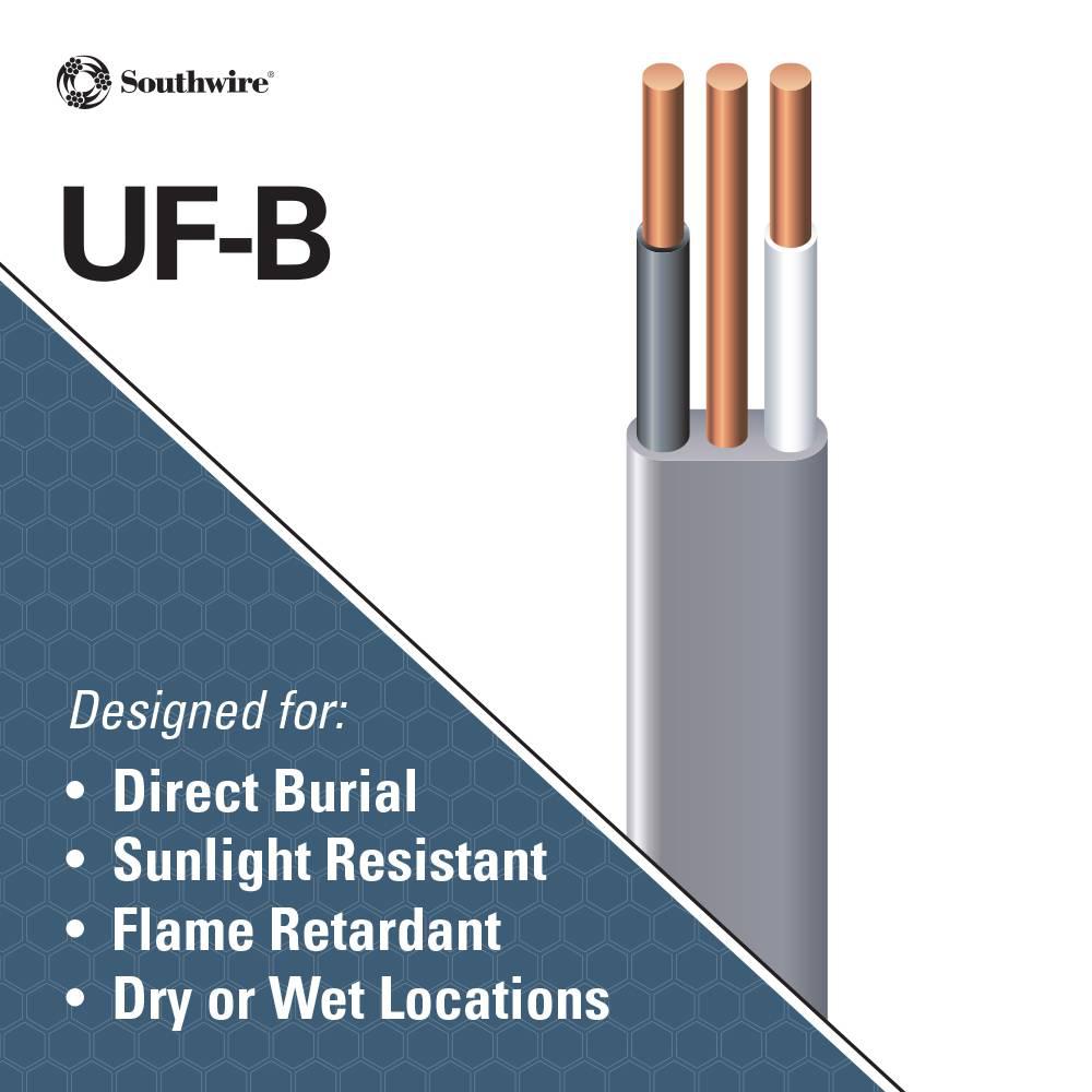 Gray Solid CU UF-B W/G Wire 100 Ft 10/2 UF-B Copper Light Resistant ...