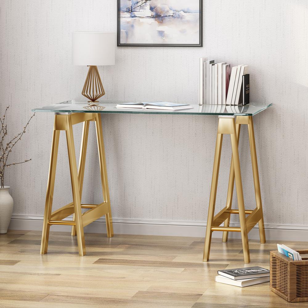 Englewood Rose Gold Glam Desk With Glass Table Top And A Frame