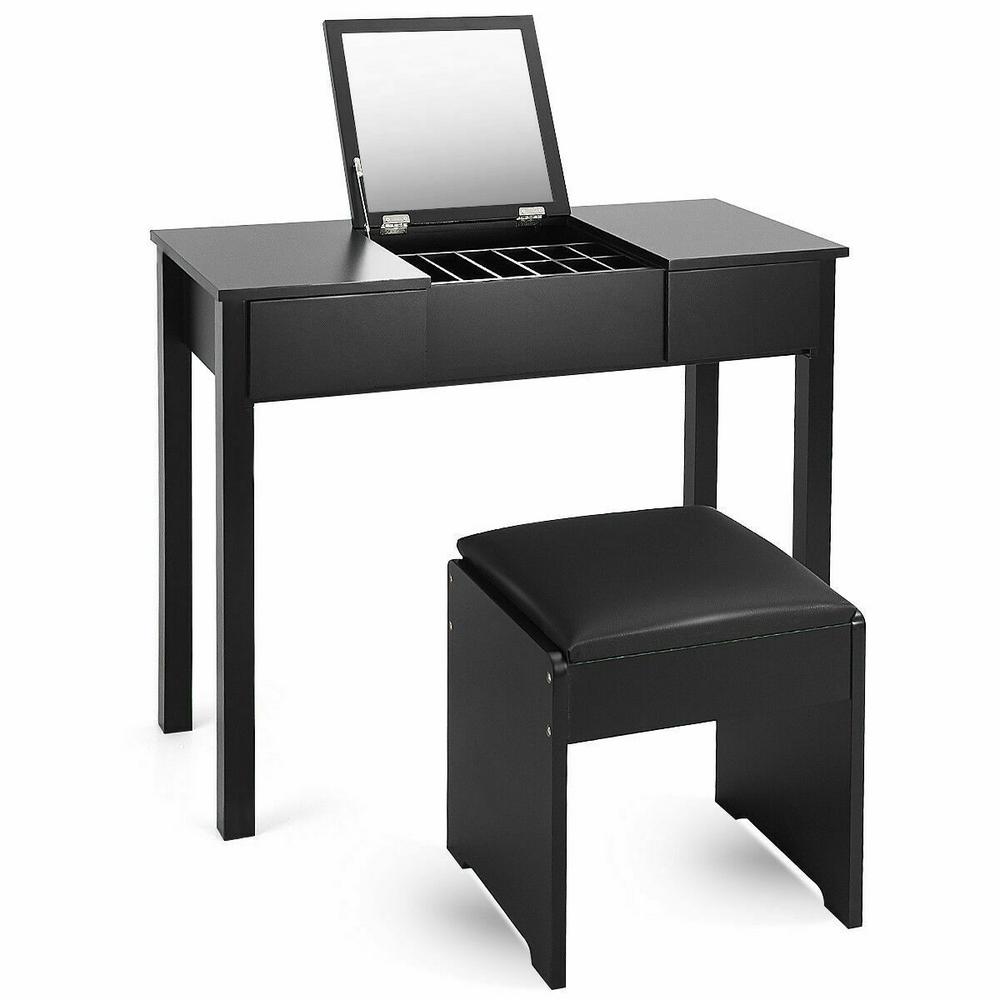 Costway 2-Piece Black Vanity Dressing Table Set Mirrored ...