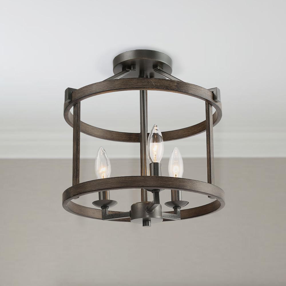 Lnc 12 In 3 Light Bronze Faux Wood Drum Foyer Semi Flush Mount Light Bronze Faux Wood Drum Foyer