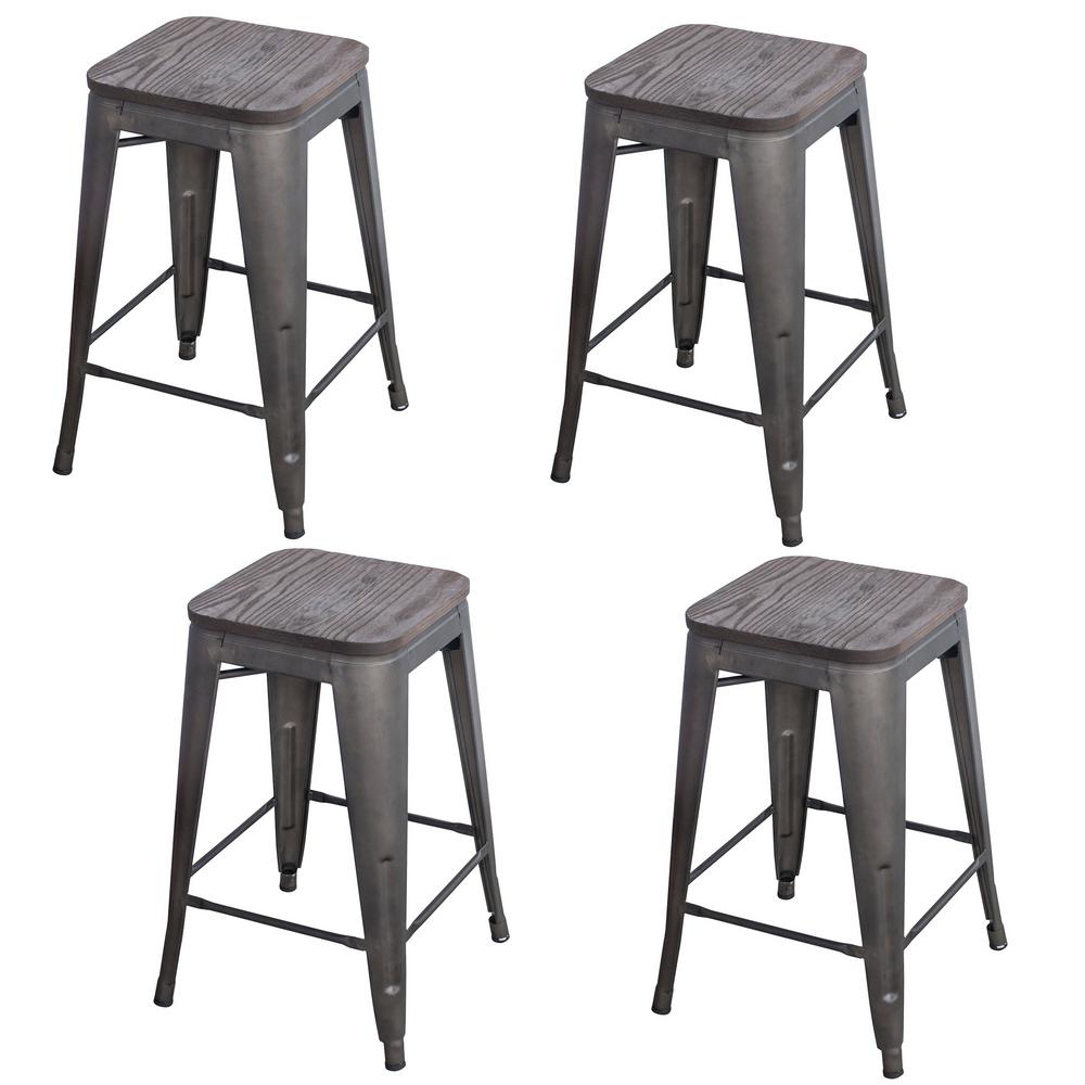 Amerihome Loft Style 24 In Black Metal Bar Stool With Dark Elm Wood Seat Set Of 4 Bs24bwtset The Home Depot