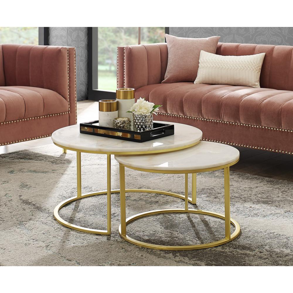 Inspired Home Marley 31 in. Gold/White Medium Round Stone Coffee Table