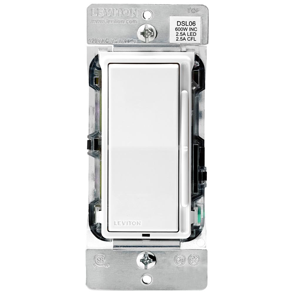 Leviton Decora 600 Watt Single Pole 3 Way Universal Rocker Slide Dimmer White Light Almond R11 Dsl06 1tw The Home Depot
