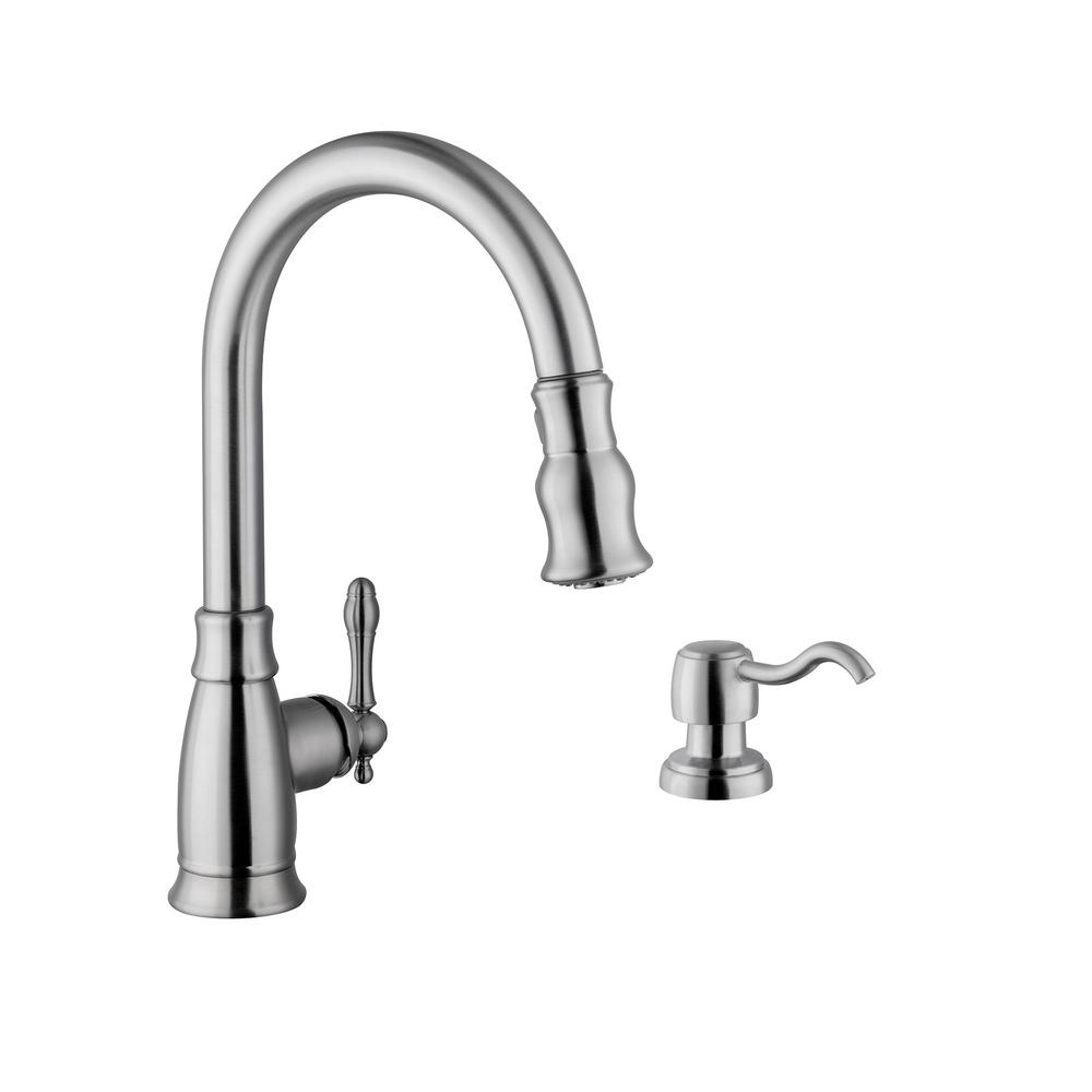 Cahaba Traditional Single Handle Pull Down Sprayer Kitchen Faucet With Soap Dispenser In Brushed Nickel Ca6111ss The Home Depot
