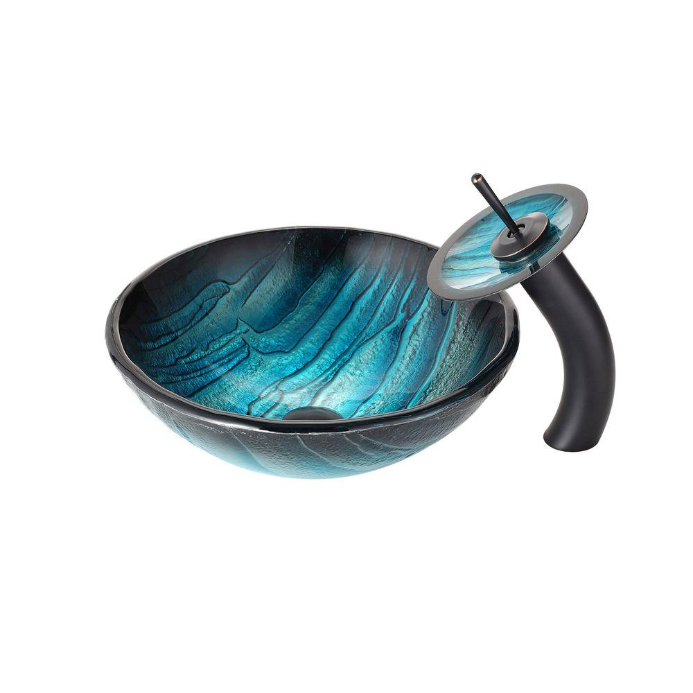 Kraus Ladon Glass Vessel Sink In Blue With Waterfall Faucet In Oil Rubbed Bronze