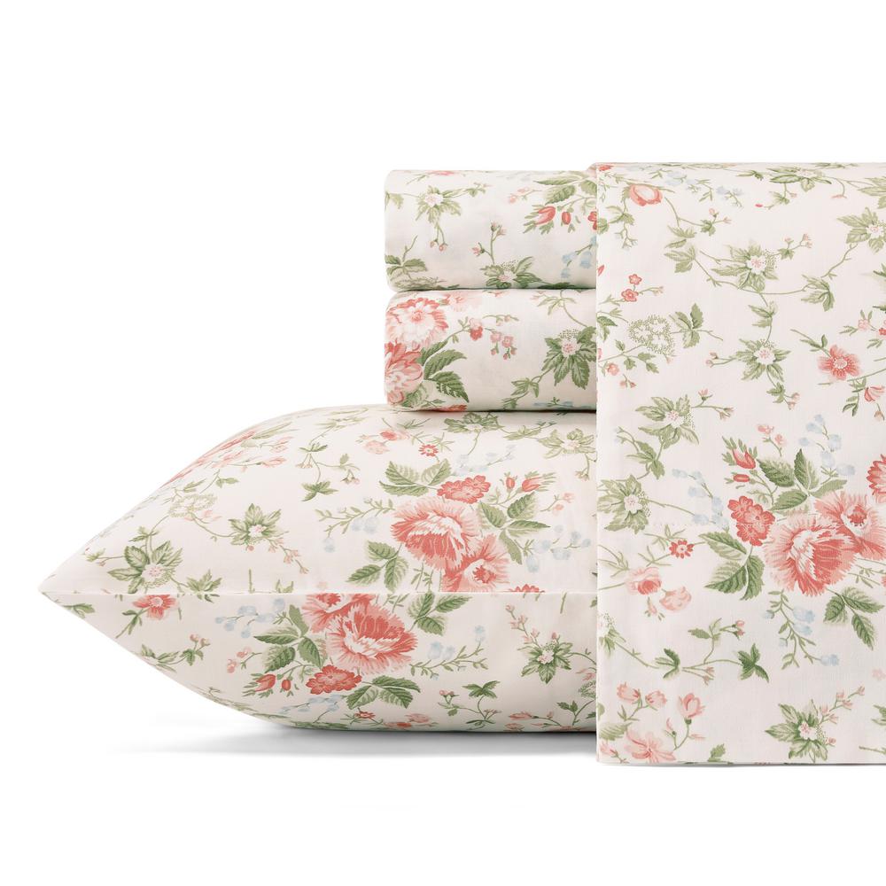 Laura Ashley 4 Piece Red Floral 300 Thread Count Sateen Queen