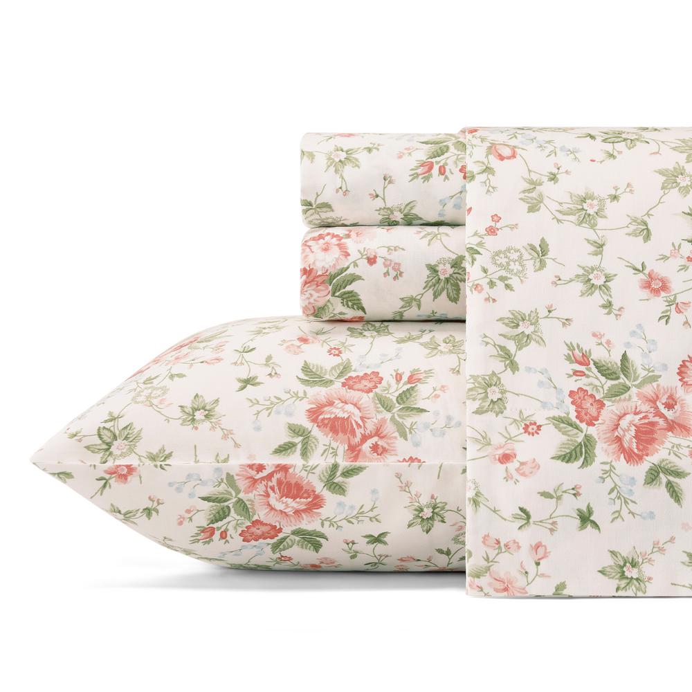 Laura Ashley 4 Piece Red Floral 300 Thread Count Sateen King Sheet