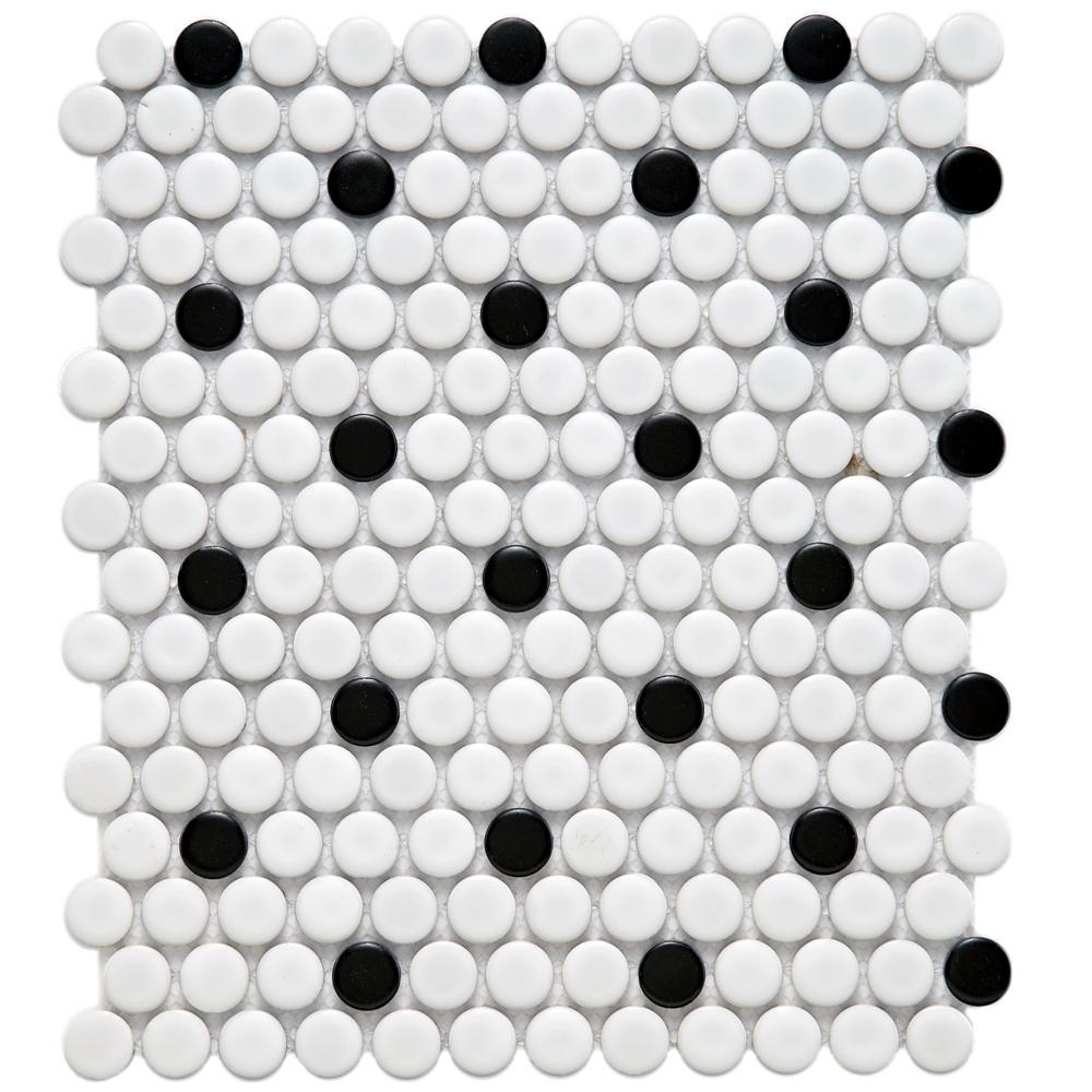 Merola Tile Metro Penny Matte White with Black Dot 9-3/4 in. x 11-1/2