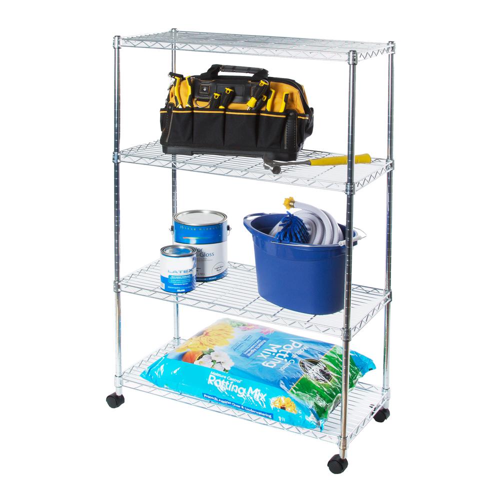 Seville Classics Chrome 4-Tier Steel Wire Garage Storage Shelving Unit with Wheels (30 in. W x 49.5 in. H x 14 in. D), Grey