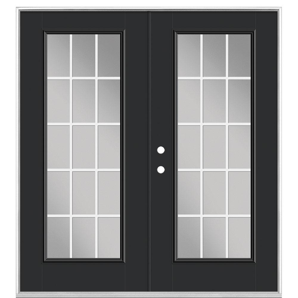 Masonite 72 In X 80 In Jet Black Fiberglass Prehung Right Hand Inswing Gbg 15 Lite Clear Glass Patio Door With Vinyl Frame