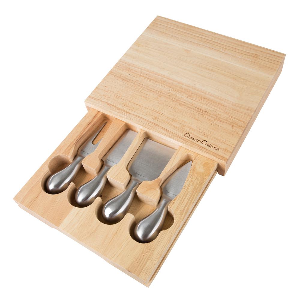 Trademark 5 Piece Wooden Cheese Board With Stainless Steel Tools Trademark 5 Piece Wooden Cheese Board With Stainless Steel Tools