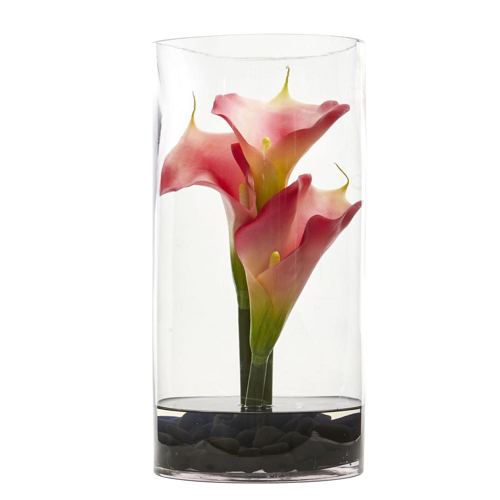nearly natural calla lily in cylinder glass vas