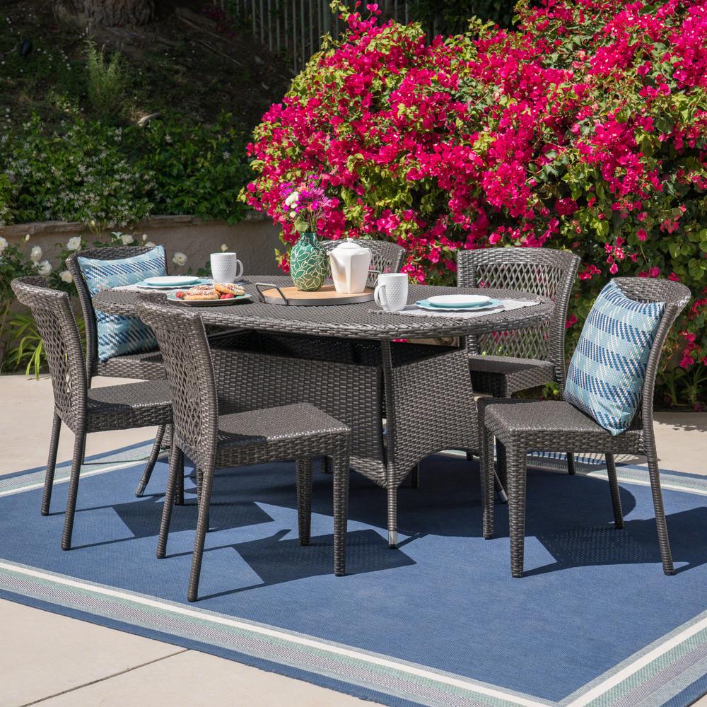 Noble House Barnes Gray 7 Piece Wicker Outdoor Dining Set 304509