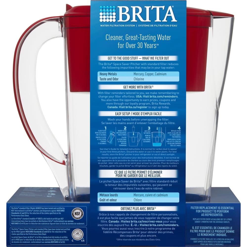 Brita 6 Cup Space Saver Water Filter Pitcher In Red Bpa Free The Home Depot