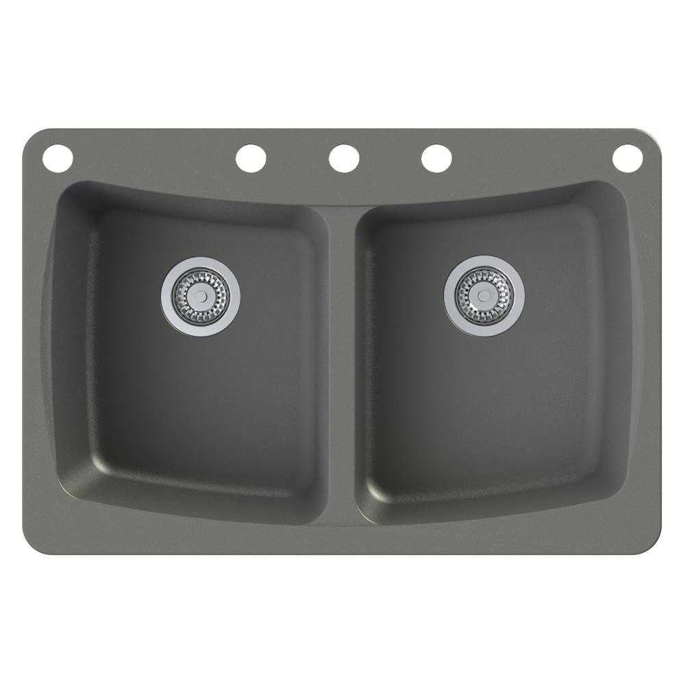Transolid Genova Dual Mount Granite 33 In 5 Hole Equal Double Bowl Kitchen Sink In Grey