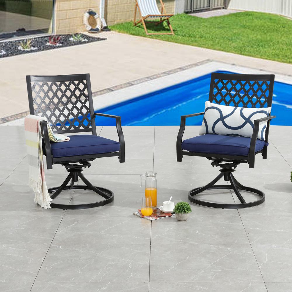 Patio Festival Swivel Metal Outdoor Lounge Chair with Blue Cushions