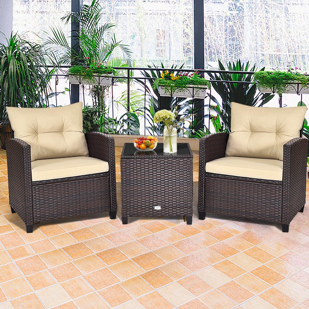 Costway Yellowish Cushion 3-Piece Rattan Wicker Patio Conversation Set