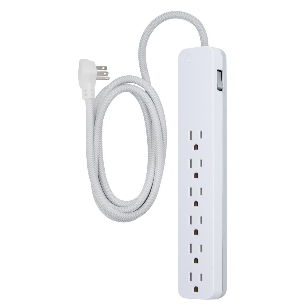 GE 6-Outlet Surge Protector with 6 ft. Braided Extension Cord, White ...