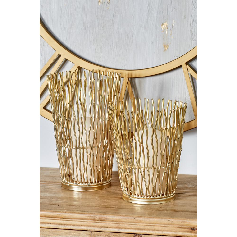 Litton Lane Gold Bronze Iron Metal Mosaic Pillar Candle Holders (Set of