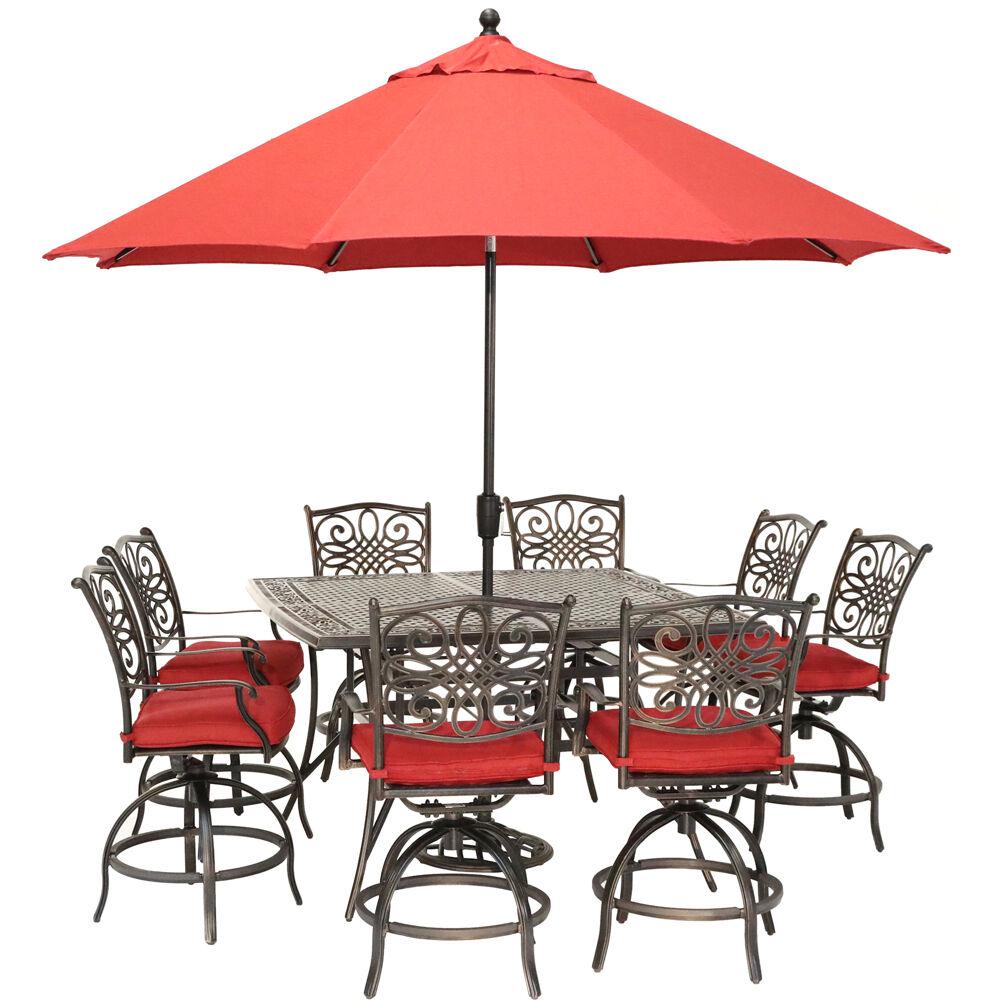 Hanover Traditions 9 Piece Aluminum Outdoor Dining Set With Red Cushions 8 Swivel Chairs Square Table Umbrella And Stand Traddn9pcbrsq Su R The Home Depot