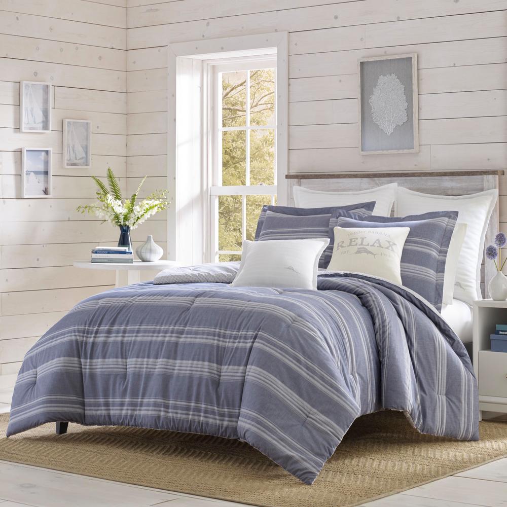 Tommy Bahama Chambray Stripe 3 Piece Full Queen Duvet Cover Set