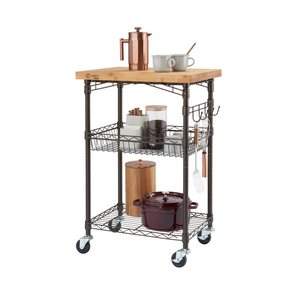 TRINITY PRO Bronze Anthracite Cart with Expandable Bamboo Top Kitchen