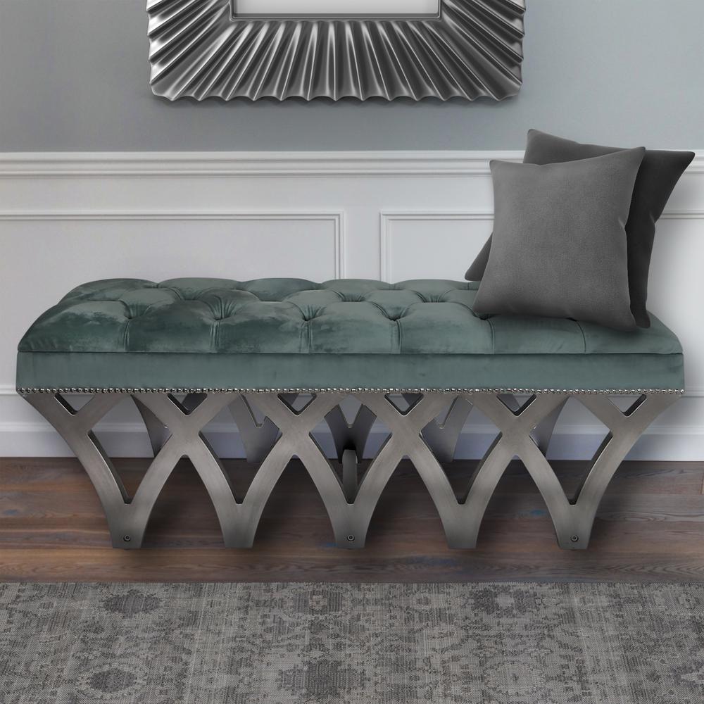 River Of Goods Roxy Tufted Blue Velvet Bench 19566 The Home Depot