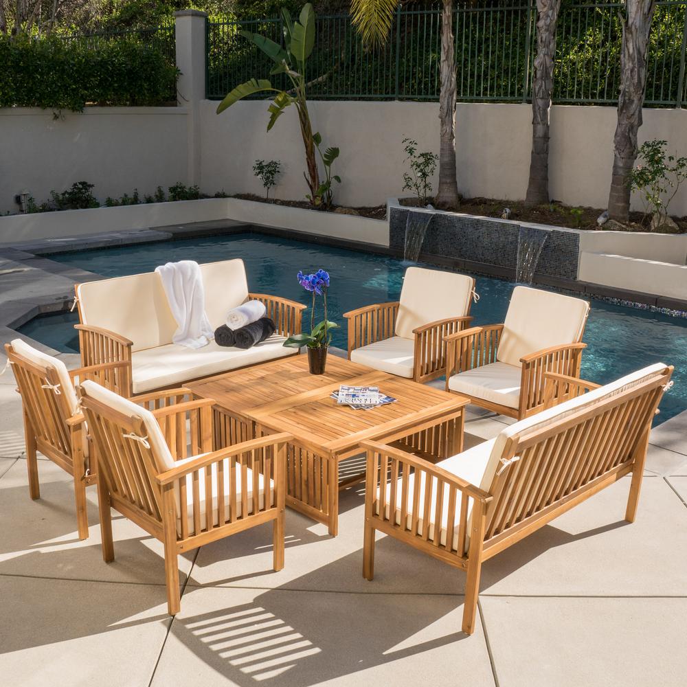 Noble House Thalia Brown 8 Piece Wood Patio Conversation Set With Cream Cushions 66753 The Home Depot