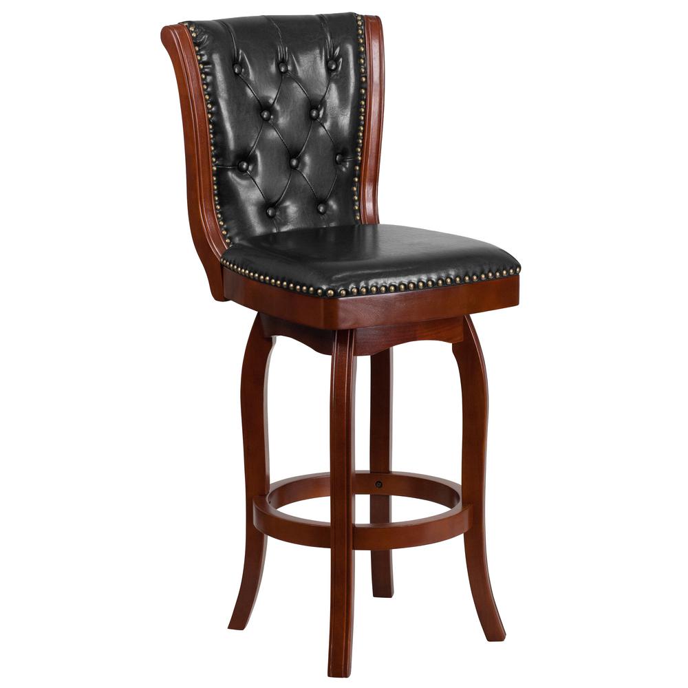 Carnegy Avenue 30 In High Cherry Wood Barstool With On Tufted High Cherry Wood Barstool With On Tufted Back And Black Leather Swivel Seat