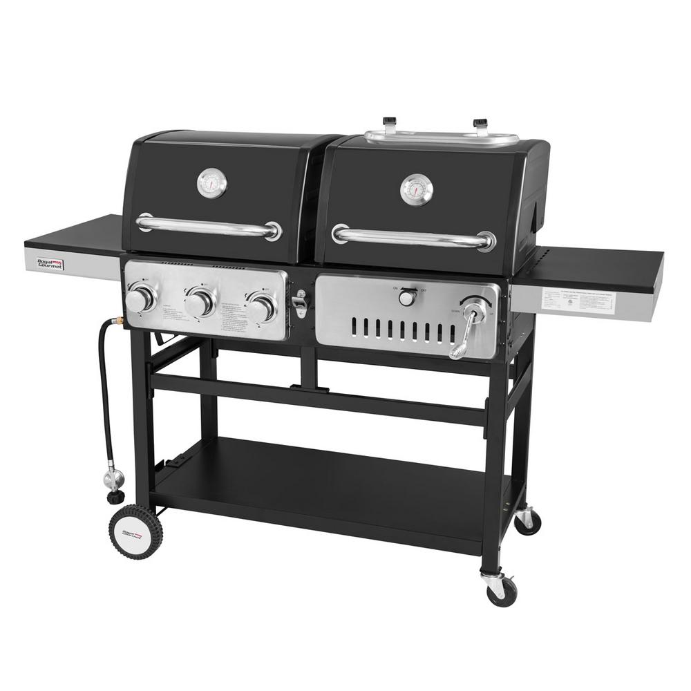 Char Griller Texas Trio 3 Burner Dual Fuel Grill With Smoker In 3 Burners Propane Gas Grill And Charcoal Combo In Black With 2 Side Tables