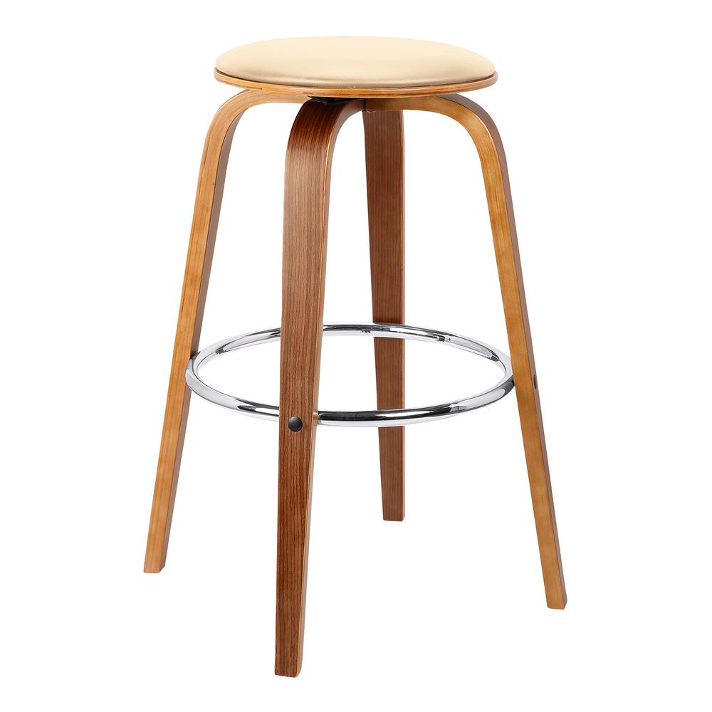 Armen Living Harbor 26 In Cream Faux Leather Mid Century Swivel Cream Faux Leather Mid Century Swivel Counter Height Backless Barstool With Walnut Veneer