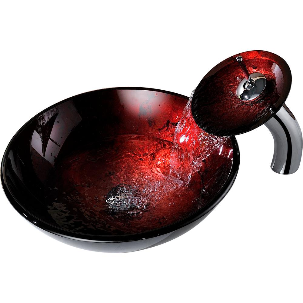 Tone Series Deco Glass Vessel Sink In Lustrous Tempered Red And Black With Matching Chrome Waterfall Faucet