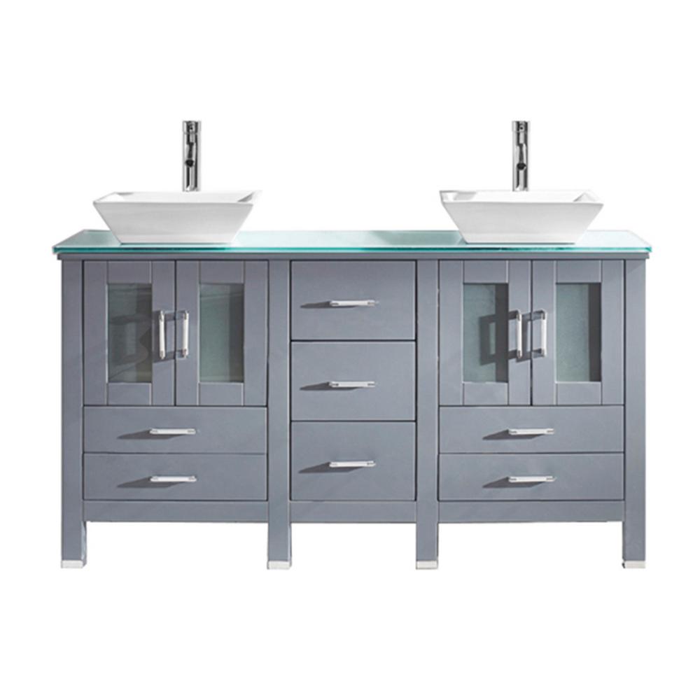 Virtu USA Bradford 60 in. W Bath Vanity in White with Glass Vanity Top