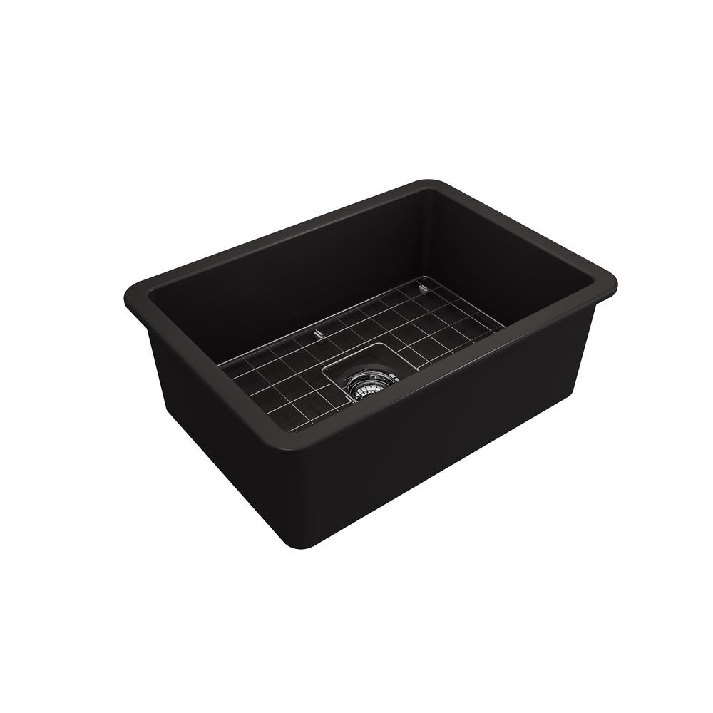 Bocchi Sotto Undermount Fireclay 27 In Single Bowl Kitchen Sink With Bottom Grid And Strainer In Black 1360 005 01 The Home Depot