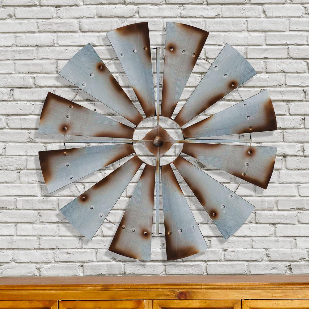 Metal Silver Rust Round Windmill Wall DecorFH1057 The