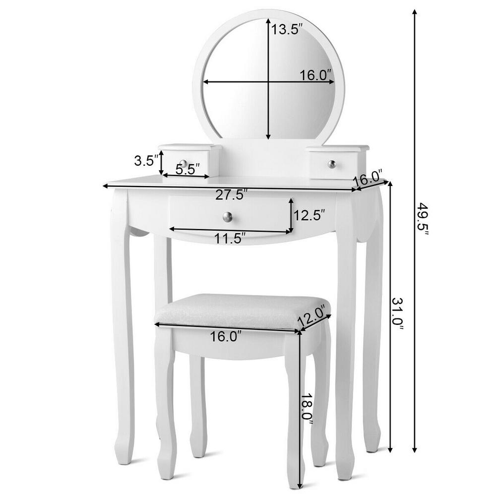 Costway 3 Drawer White Vanity Set With Oval Mirror Girls Makeup
