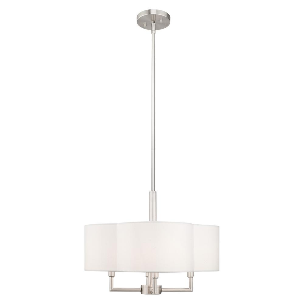 Livex Lighting Chelsea 4 Light Brushed Nickel Pendant Chandelier With Off White Fabric Hardback Shade