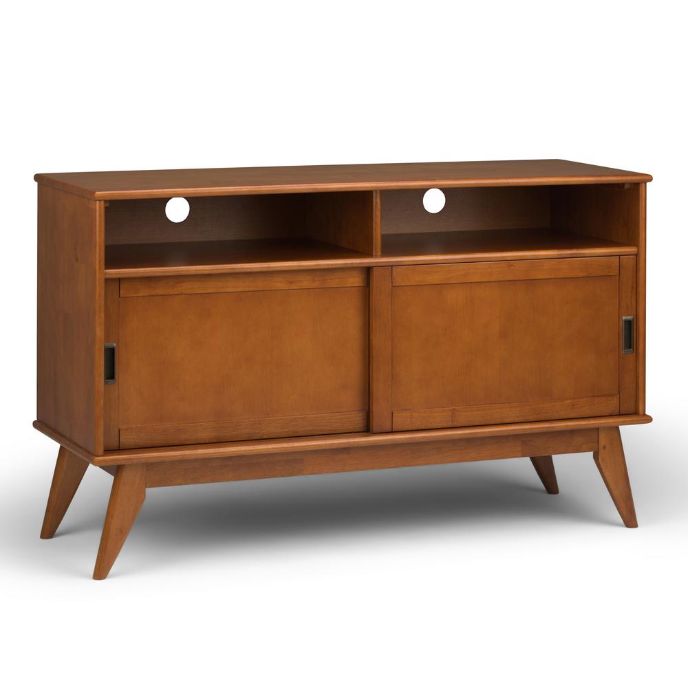 Simpli Home Draper Solid Hardwood 54 In Wide Mid Century Modern Tv Media Stand In Teak Brown For Tvs Upto 60 In 3axcdrp 09 Tk The Home Depot