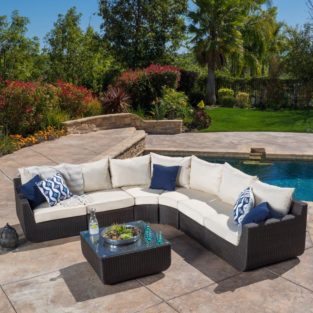 Noble House Carmel Brown 7-Piece Wicker Outdoor Sectional Set with