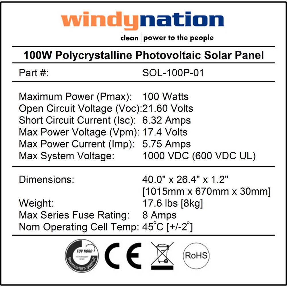 Windynation 100 Watt Polycrystalline Solar Panel 2 Pack