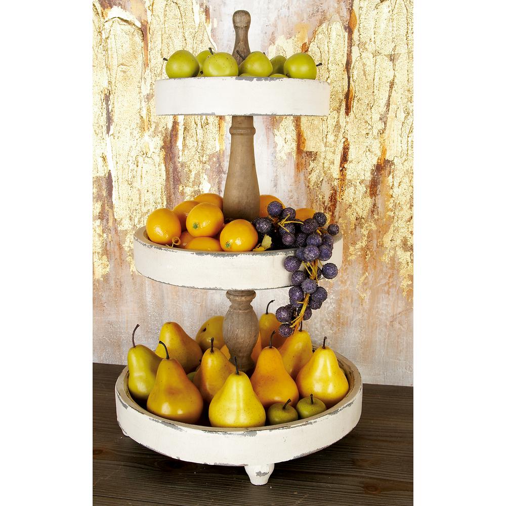 15 in. x 25 in. Off White and Oak Brown 3-Tiered Round Tray Stand